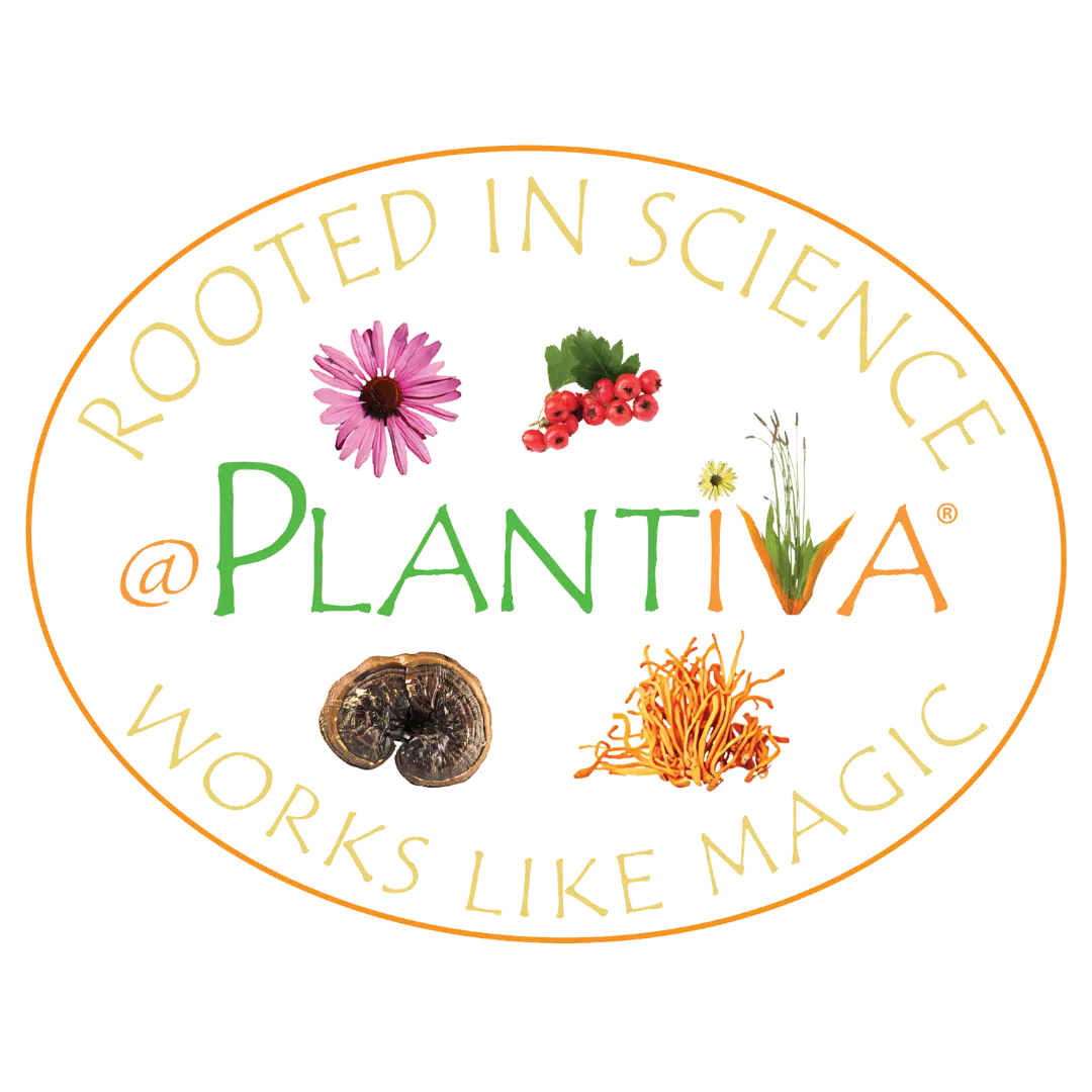 Oval graphic image with Plantiva logo and botanical images, with the text "Rooted in Science, Works Like Magic."