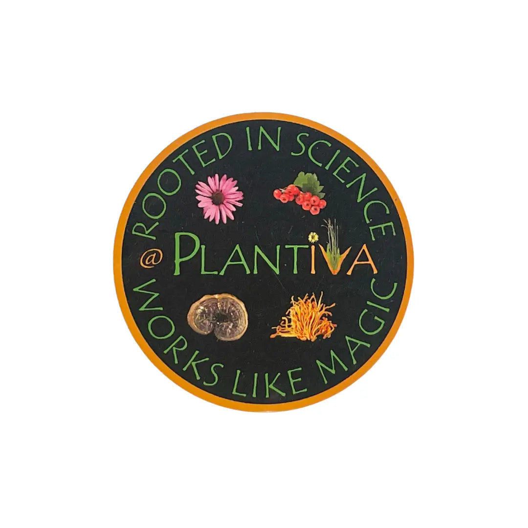 Circular sticker with Plantiva logo and the text 'Rooted in Science, Works Like Magic' and plant illustrations on a white background.