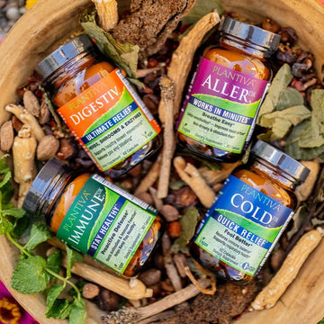 Bottles of Plantiva products with roots, seeds and leaves