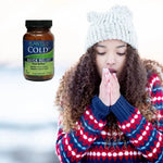 Woman wearing a winter hat and sweater with Plantiva Cold Dx on a snowy background