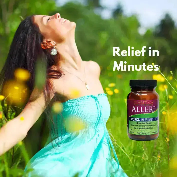 Woman in a field with a bottle of Plantiva AllerDx on a green background