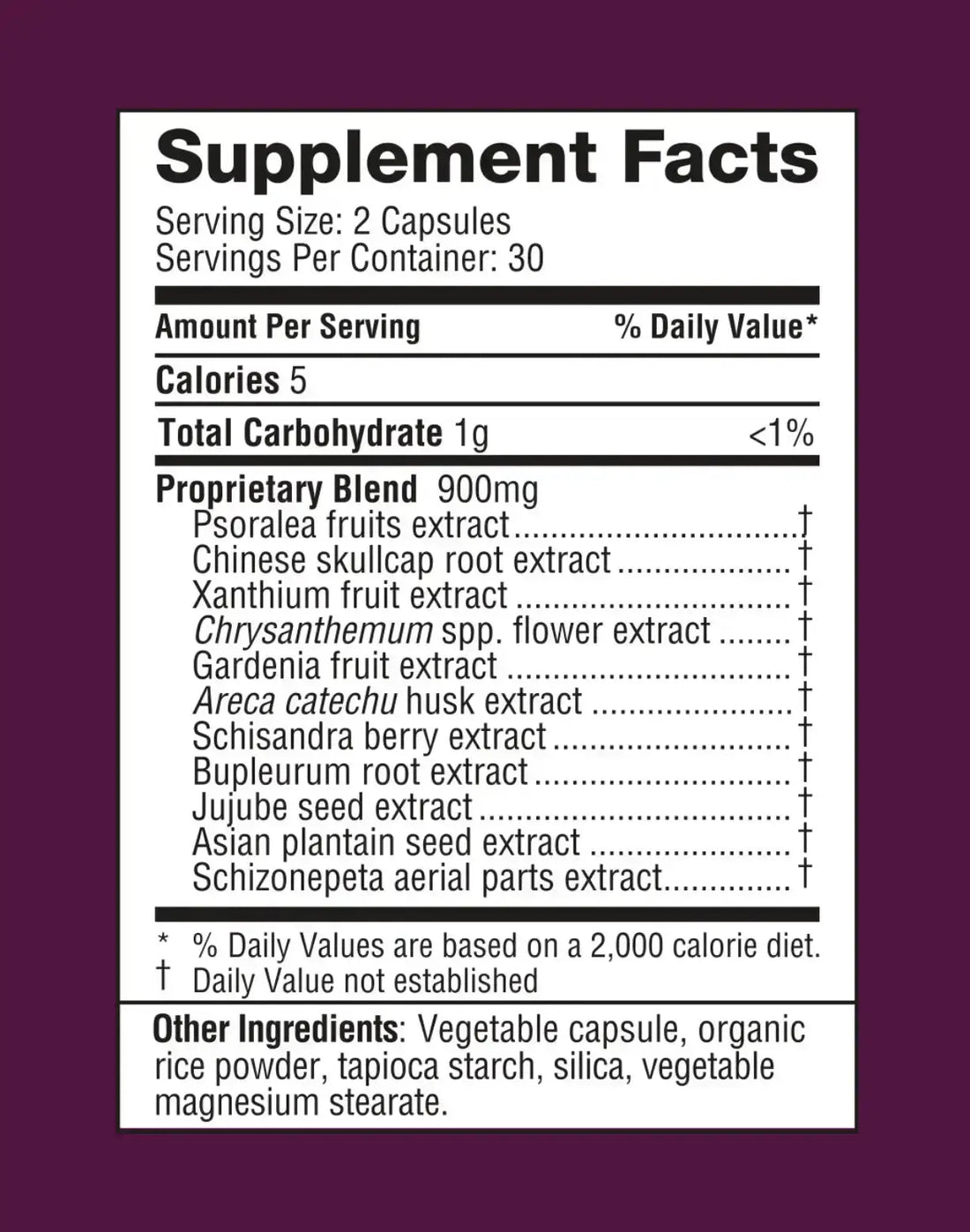 AllerDx supplement facts label with a maroon background
