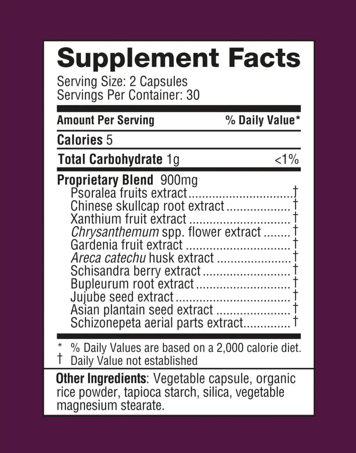 AllerDx supplement facts label with a maroon background