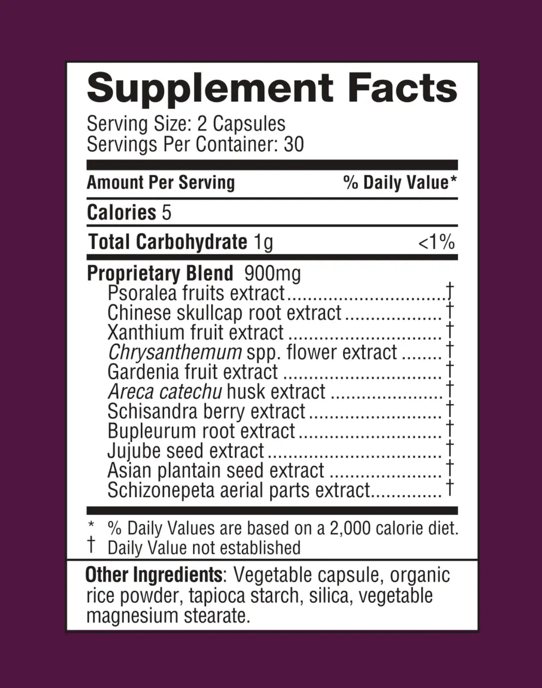 AllerDx supplement facts label with ingredients on a marooon background