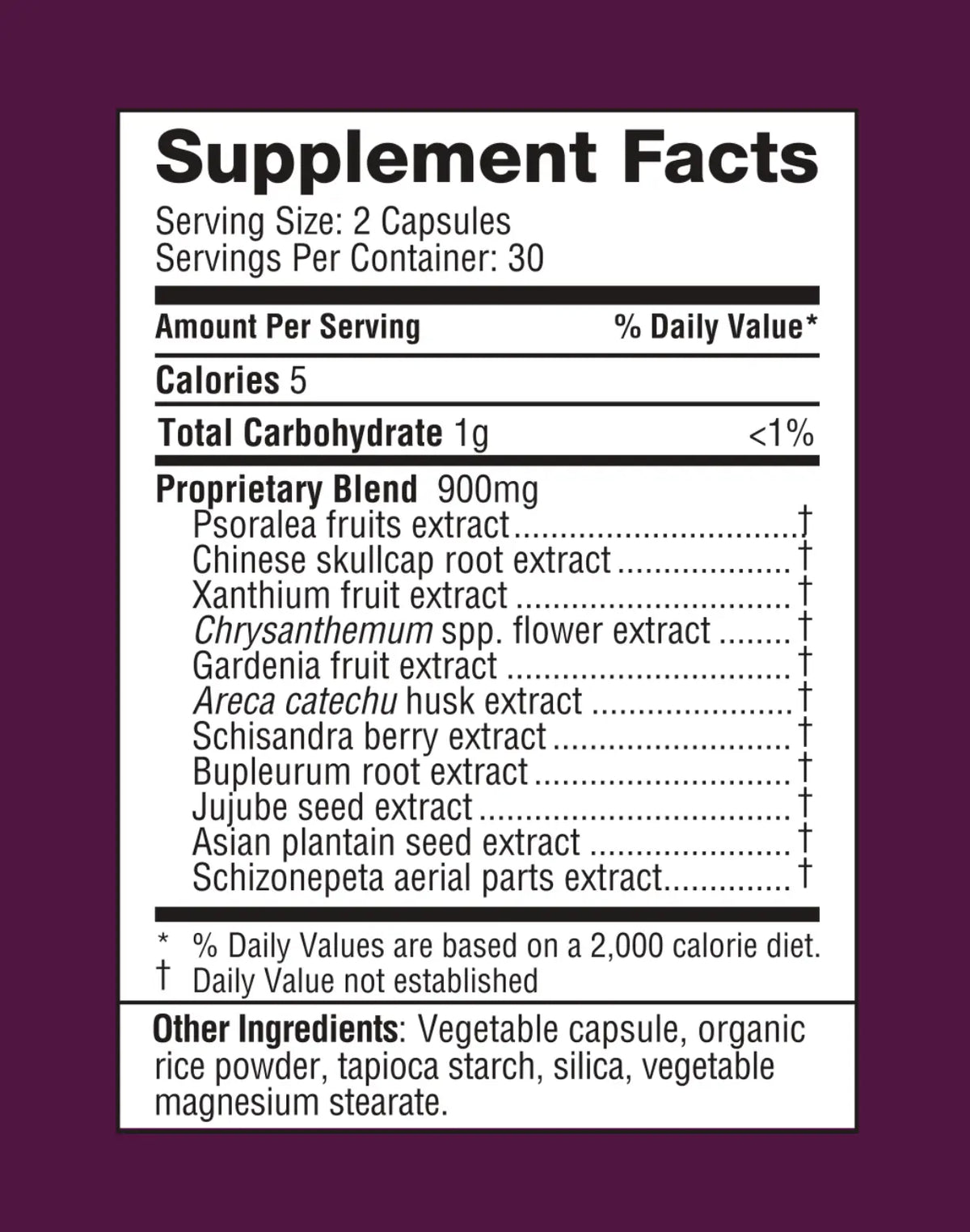 AllerDx supplement facts label with ingredients on a marooon background