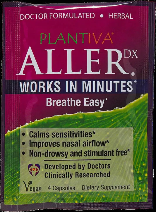 Plantiva Aller DX dietary supplement packet, front side.