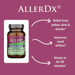 AllerDx supplement bottle with product benefits on a maroon background