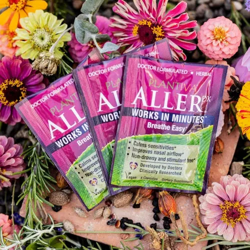 Three packets of Plantiva AllerDx with flowers and other botanicals