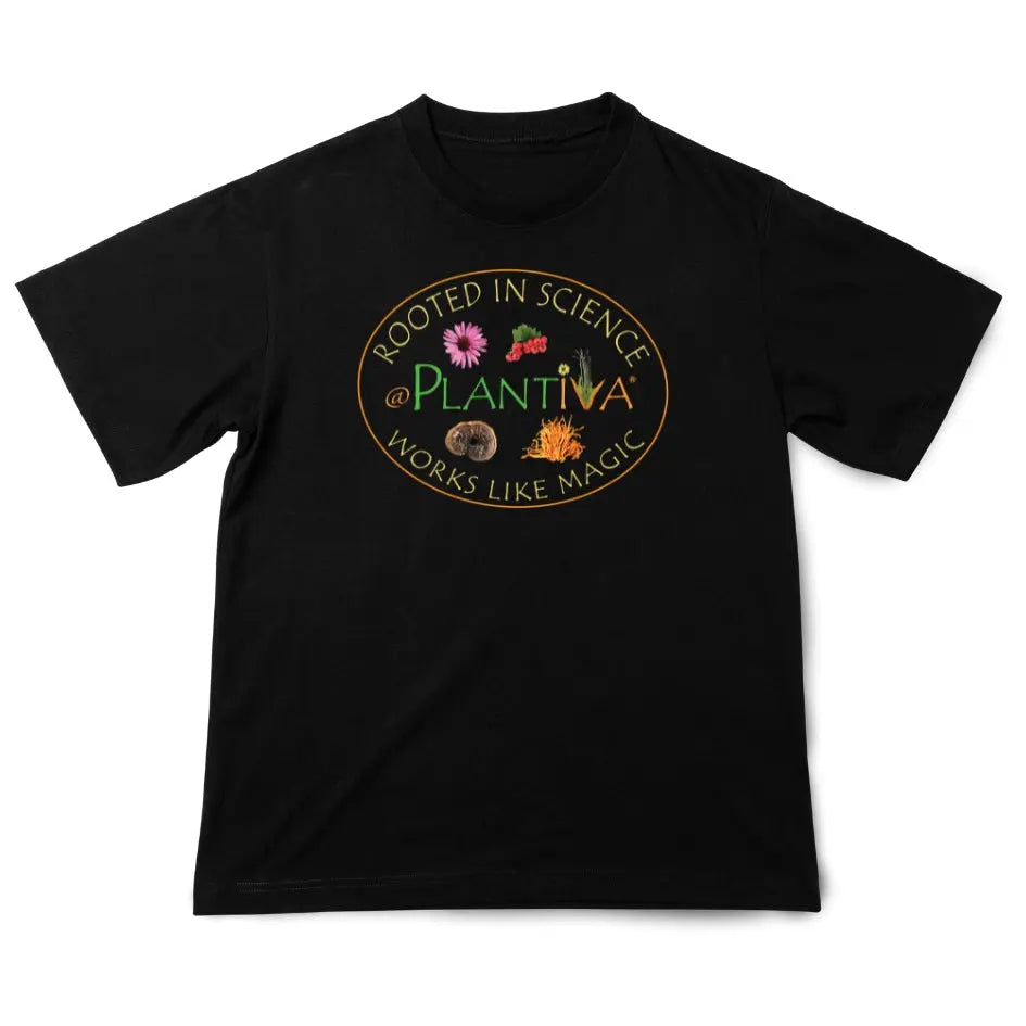 Black t-shirt with Plantiva logo and botanical images, with the text "Rooted in Science, Works Like Magic."
