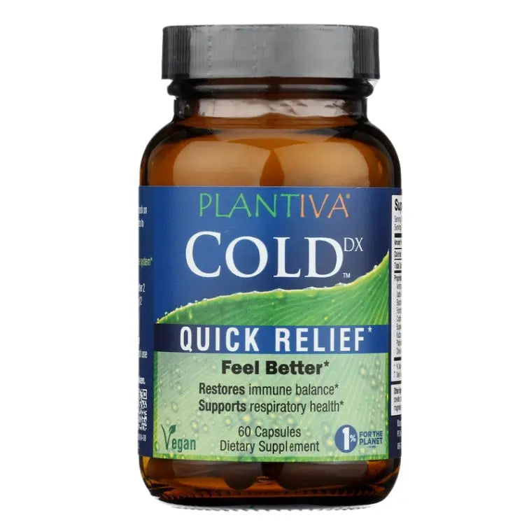 Bottle of Plantiva Cold DX Quick Relief supplement on a white background