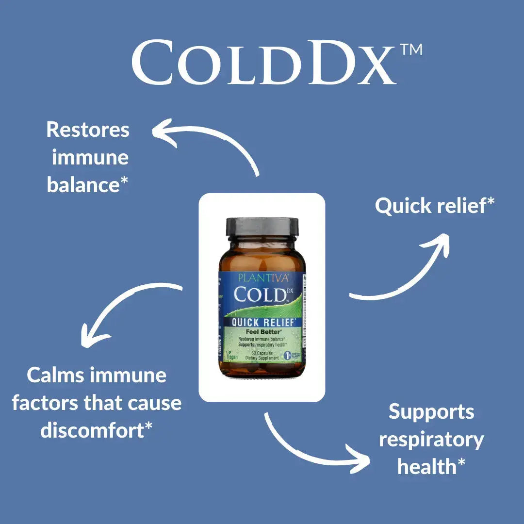 ColdDx supplement bottle with text about its benefits on a blue background