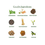 Illustrations of Cold Dx ingredients including Andrographis, Belamcanda Rhizome, Forsythia Fruit, Isatis Root, Platycodon Root, Bupleurum, Kudzu Root, Coptis Rhizome, and Olive Leaf on a white background.