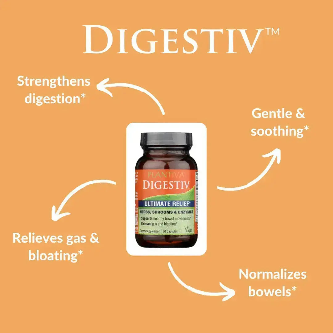 Digestiv bottle with text about its benefits on an orange background
