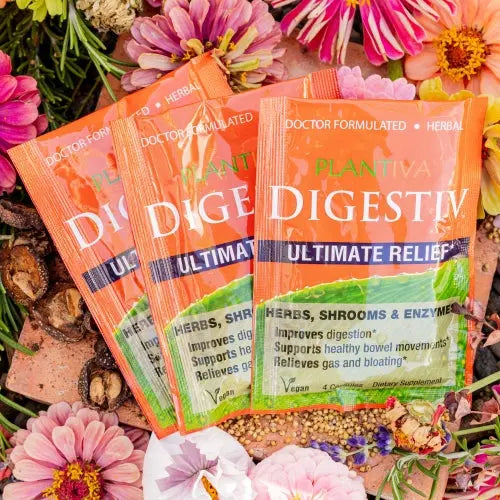 Three packets of Digestiv with flowers and other botanicals