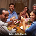 Group of people enjoying a meal together and the text 'Eat well with Digestiv'.