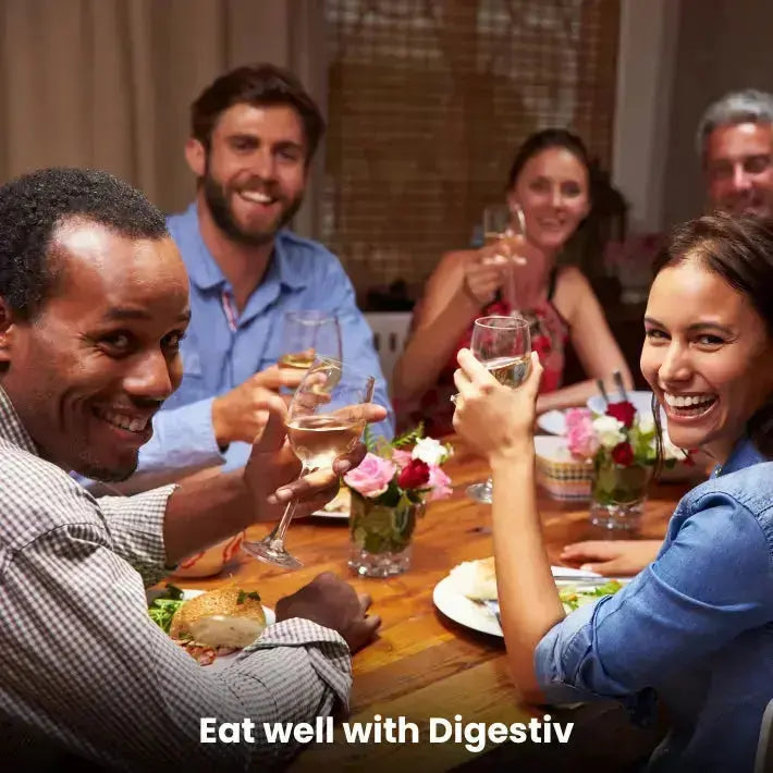Group of people enjoying a meal together and the text 'Eat well with Digestiv'.