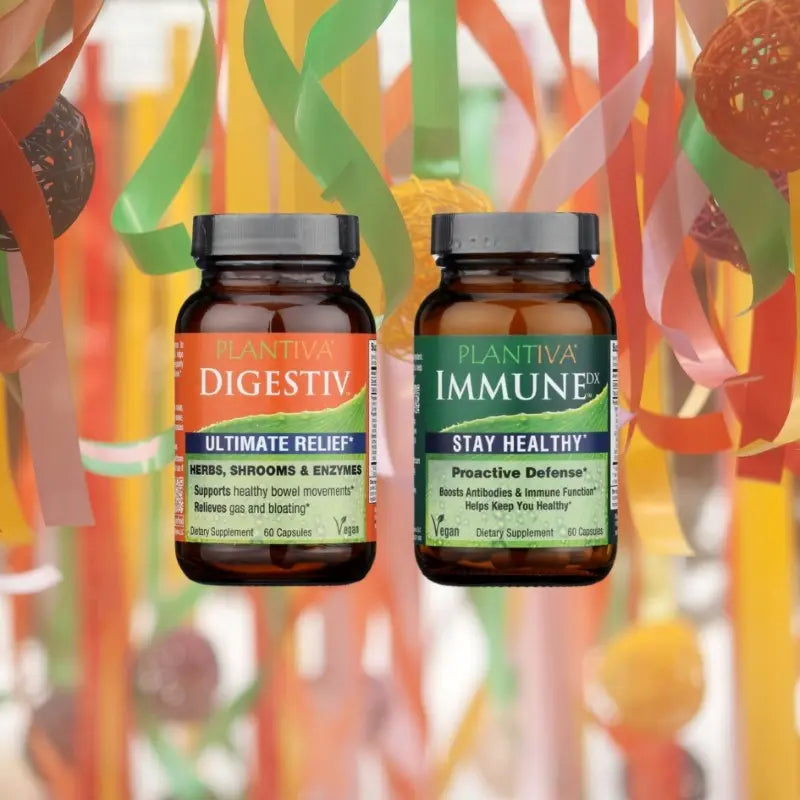 A bottle of Digestiv and a bottle of ImmuneDx against a background of colorful streamers