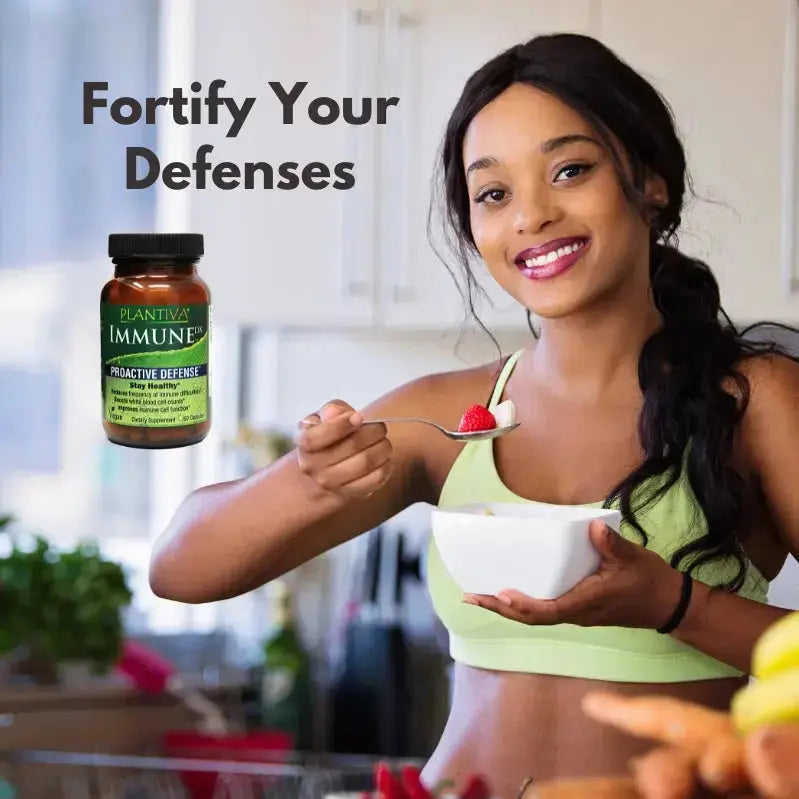 Woman eating a bowl of cereal with a bottle of ImmuneDx, with text 'Fortify Your Defenses'.