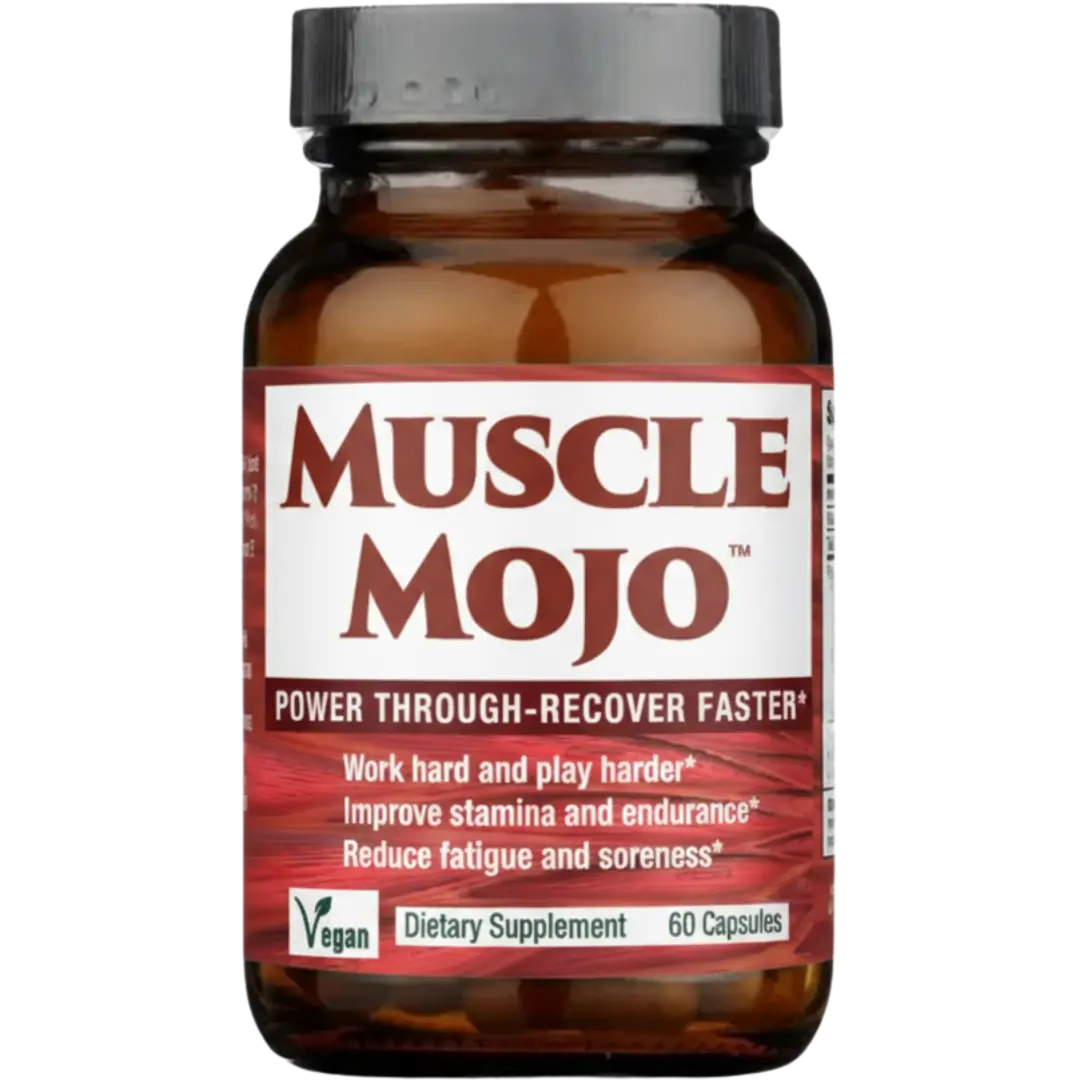 Amber bottle with the label Muscle Mojo