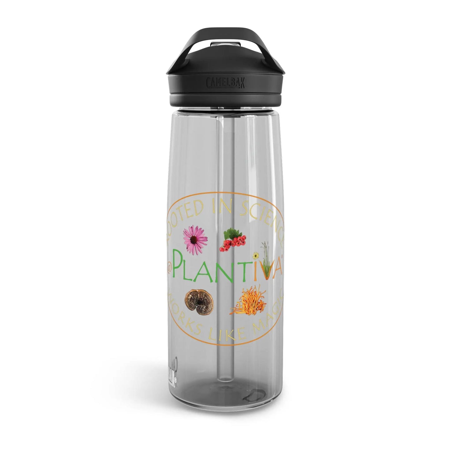 Clear plastic water bottle with a black lid and colorful Plantiva logo