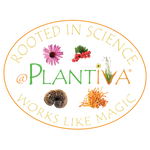 Oval graphical image with Plantiva logo and botanical images, with the text "Rooted in Science, Works Like Magic."