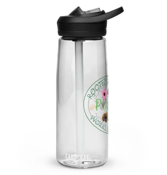 Clear water bottle with black lid featuring Plantiva logo