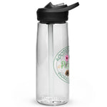 Clear water bottle with black lid featuring Plantiva logo
