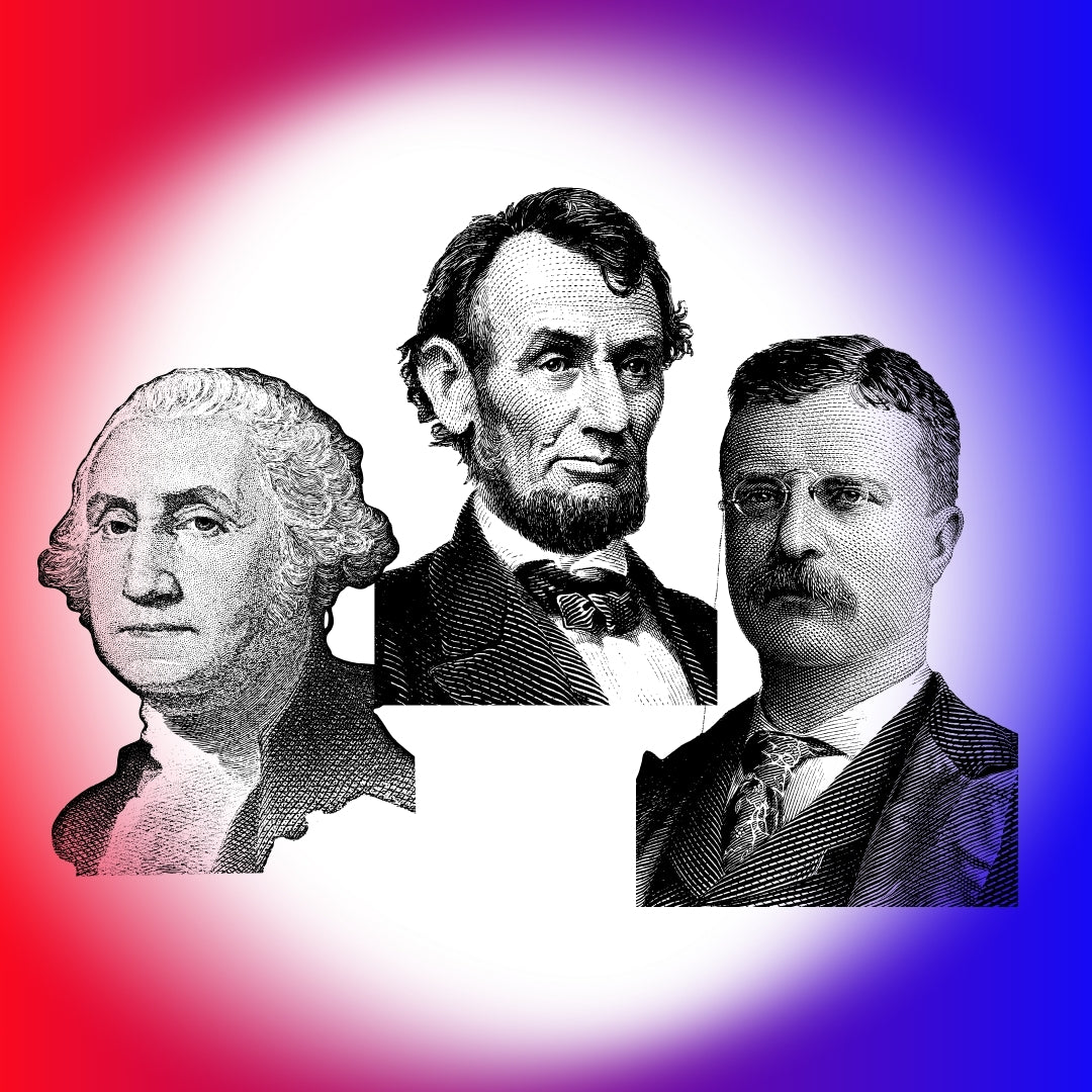 Engravings of three US Presidents with a colorful gradient background