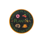 Circular sticker with Plantiva logo and the text 'Rooted in Science, Works Like Magic' and plant illustrations on a white background.
