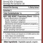 A close-up of a supplement facts label for Muscle Mojo, showing serving size, calories, total carbohydrate, and a list of ingredients including Enoki mycelium, Reishi mycelium, Bionectra ochroleuca, Eleuthero root extract, Tangerine peel extract, and Asian ginseng root extract.
