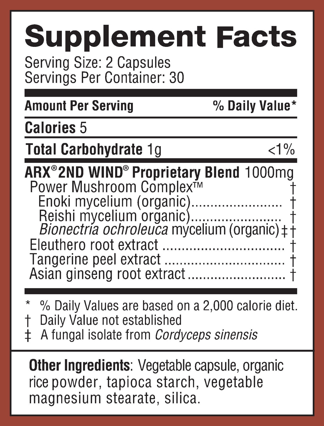 A close-up of a supplement facts label for Muscle Mojo, showing serving size, calories, total carbohydrate, and a list of ingredients including Enoki mycelium, Reishi mycelium, Bionectra ochroleuca, Eleuthero root extract, Tangerine peel extract, and Asian ginseng root extract.