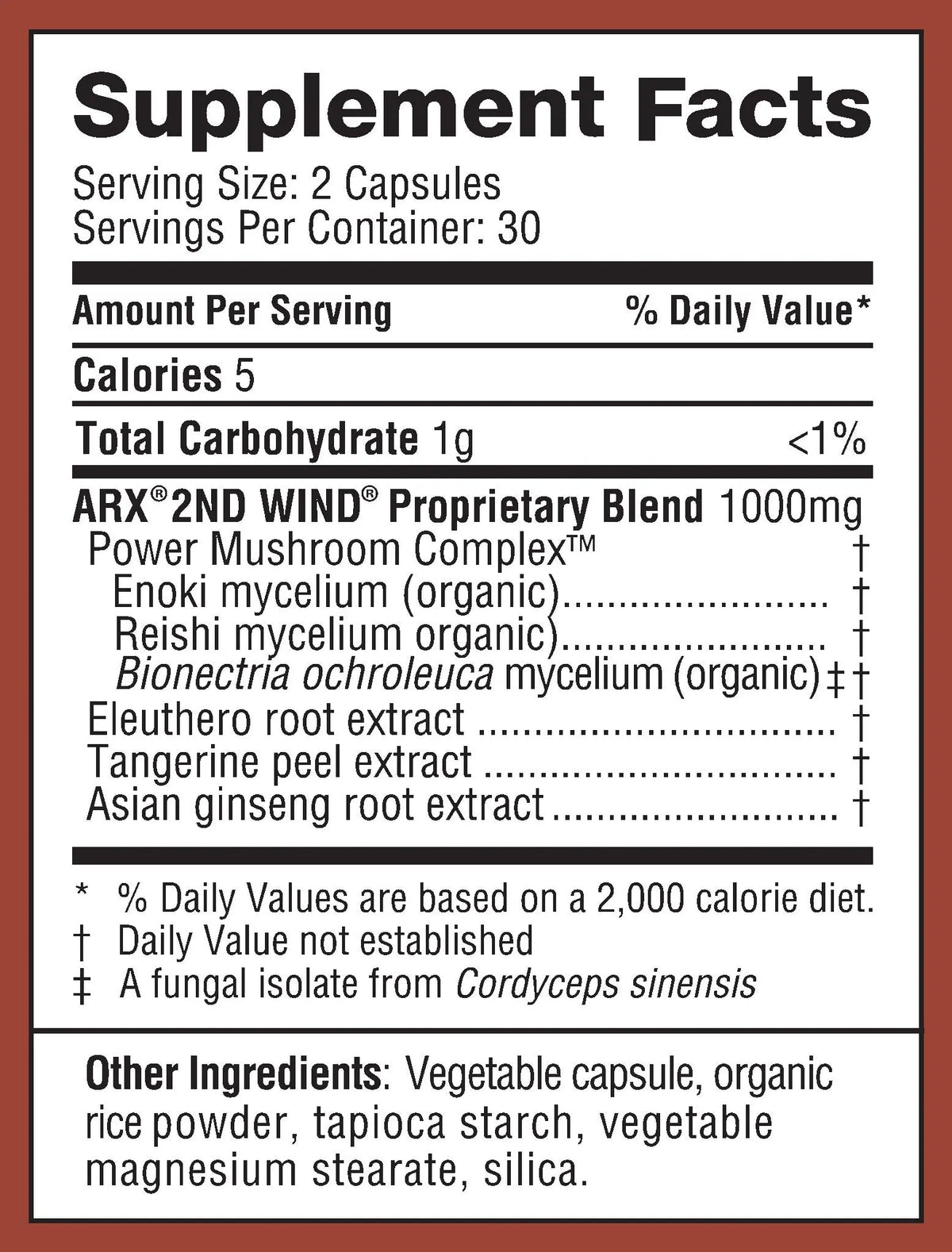 A close-up of a supplement facts label for Muscle Mojo, showing serving size, calories, total carbohydrate, and a list of ingredients including Enoki mycelium, Reishi mycelium, Bionectra ochroleuca, Eleuthero root extract, Tangerine peel extract, and Asian ginseng root extract.
