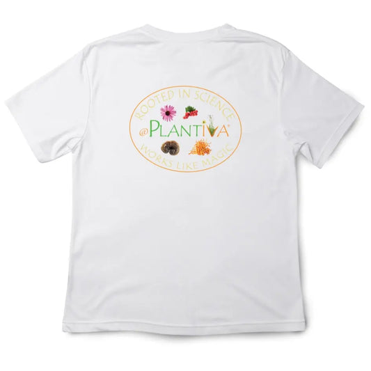 White t-shirt with Plantiva logo and botanical images, with the text "Rooted in Science, Works Like Magic."