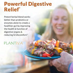 Person holding a plate of kebabs with a woman in the background and text about digestive relief.
