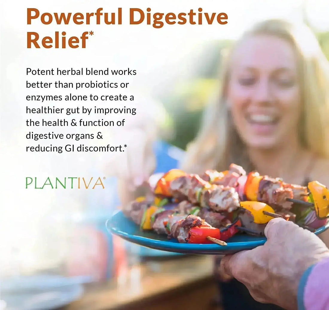 Person holding a plate of kebabs with a woman in the background and text about digestive relief.