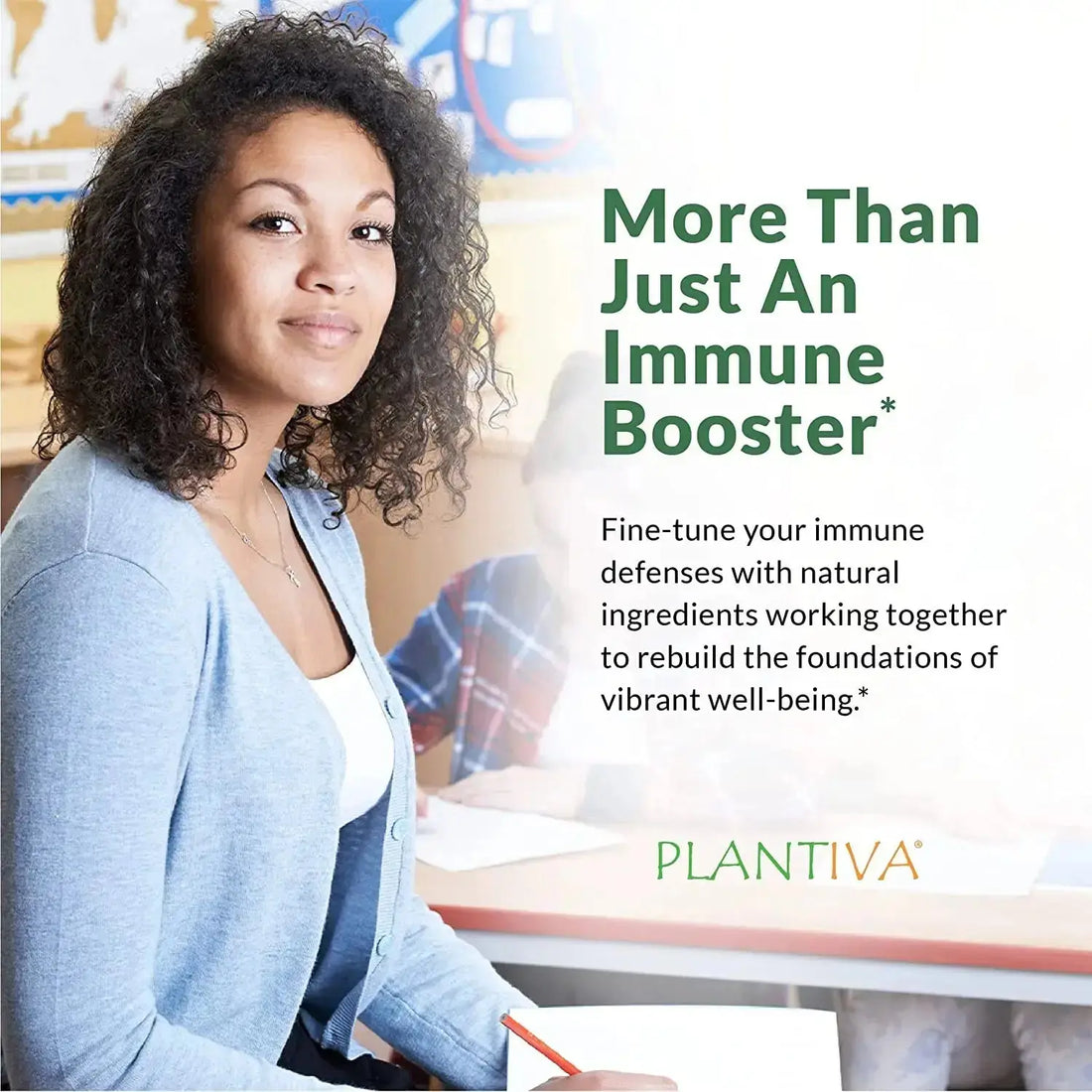 Woman sitting at a desk with text about ImmuneDx.