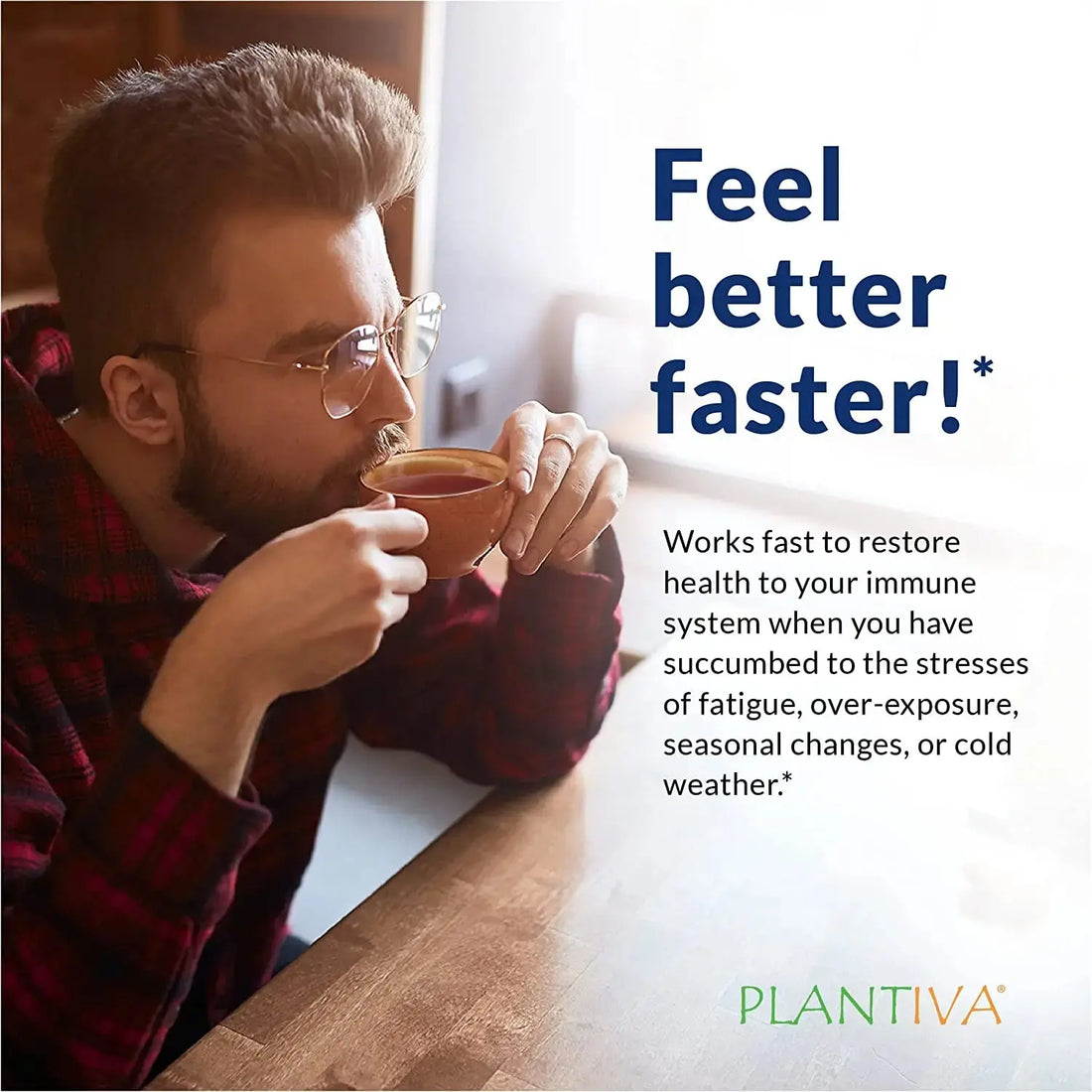Man drinking a cup of tea with text about Plantiva ColdDx.