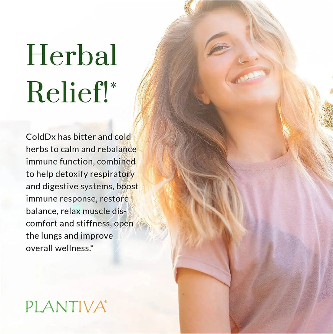 Woman with a happy expression outdoors, with text about Plantiva ColdDx.